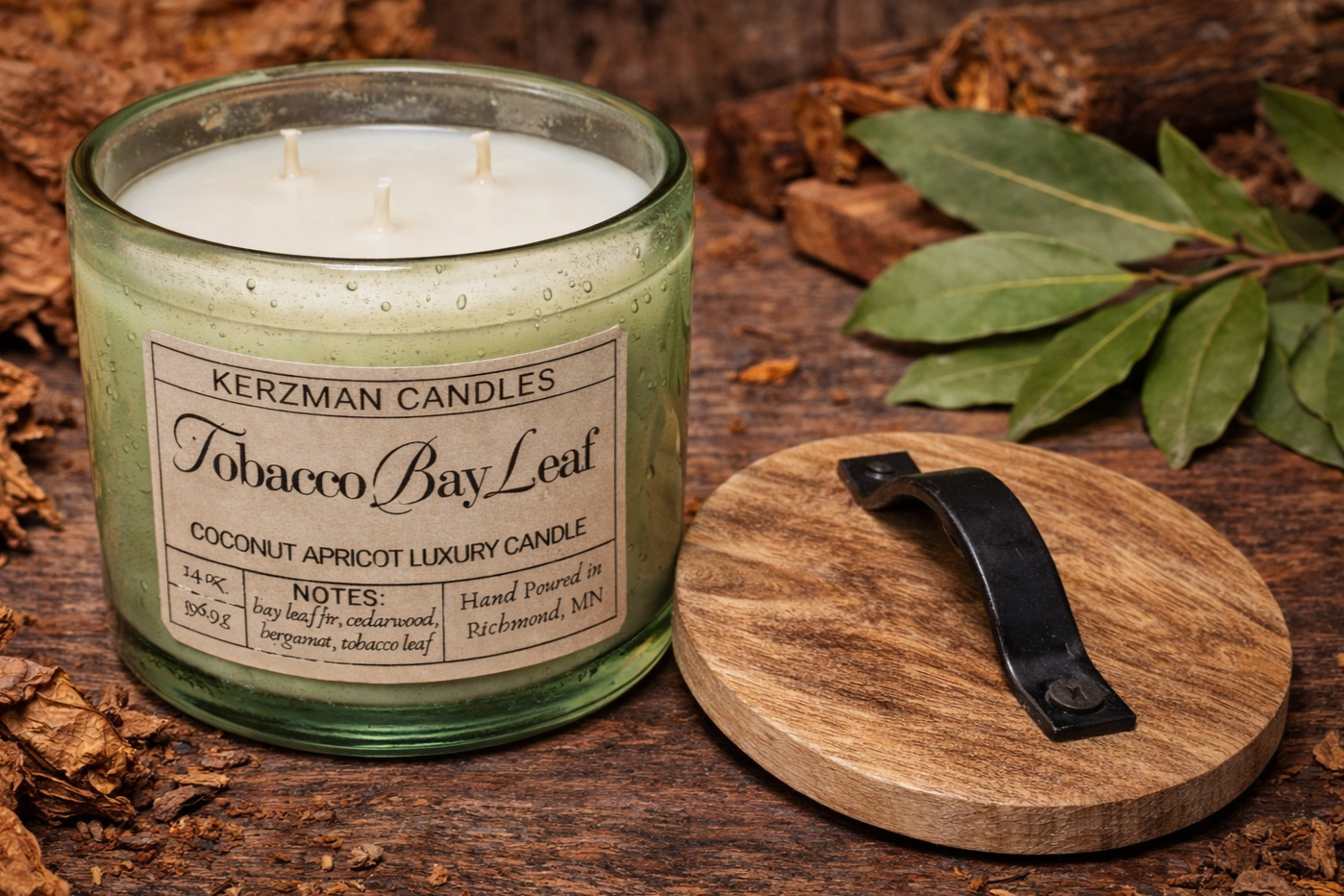 Rustic Hand Blown Glass Candle (Tobacco + Bay Leaf Scented)