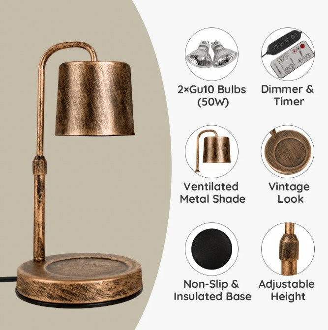 Vintage Metal Candle Warmer Lamp with Timer, Adjustable Height and Dimmer